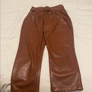 Vegan leather belted straight ankle pant